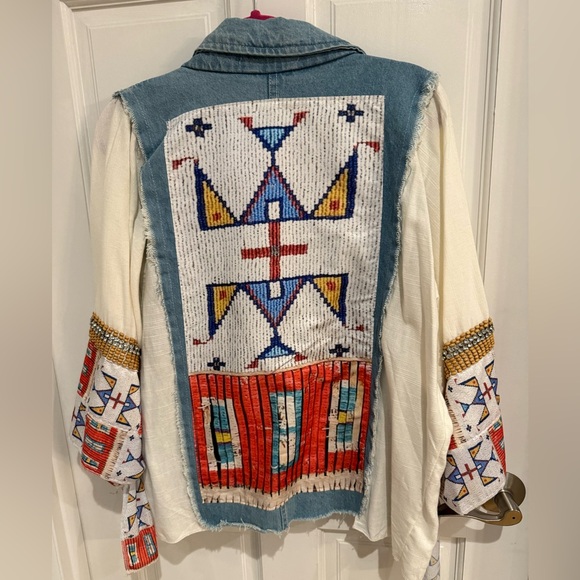 Dqmane Jackets & Blazers - Bohemian Denim & Cream Jacket Vibrant geometric Patterns Oversized Size XS